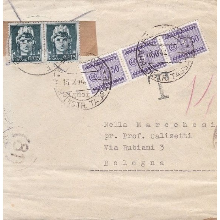 1944 RSI, Lettera con n° 246 15 cent. coppia tassata per 1,50 Lire  (n° 40 x3)