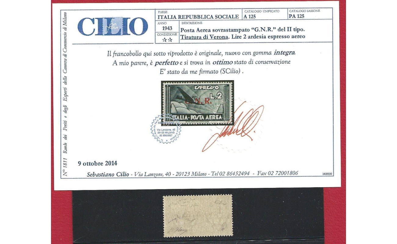 1944 RSI, Posta Aerea n° 125,  2 Lire ardesia , MNH** Certificato CILIO