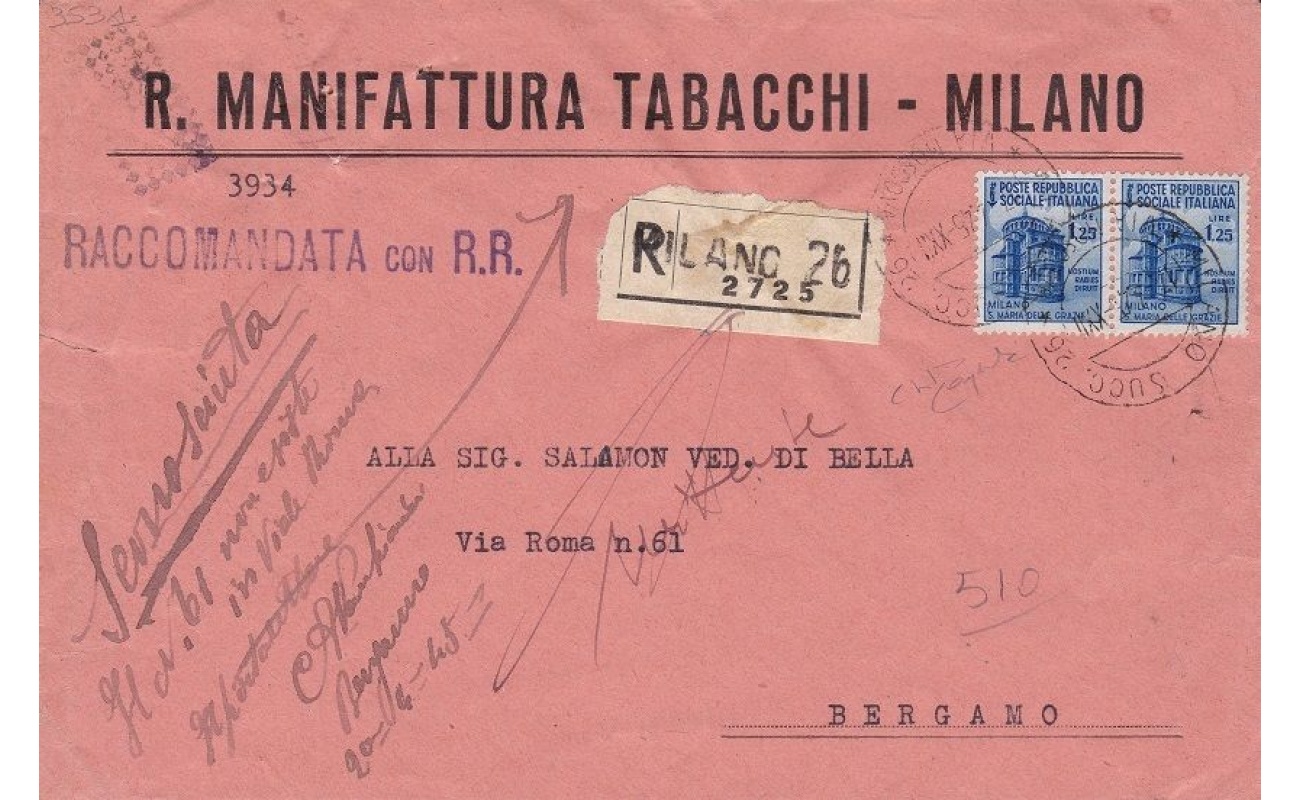 1944 RSI - n° 510 Lire 1,25 azzurro coppia su lettera Raccomandata viaggiata
