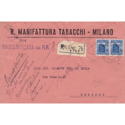 1944 RSI - n° 510 Lire 1,25 azzurro coppia su lettera Raccomandata viaggiata