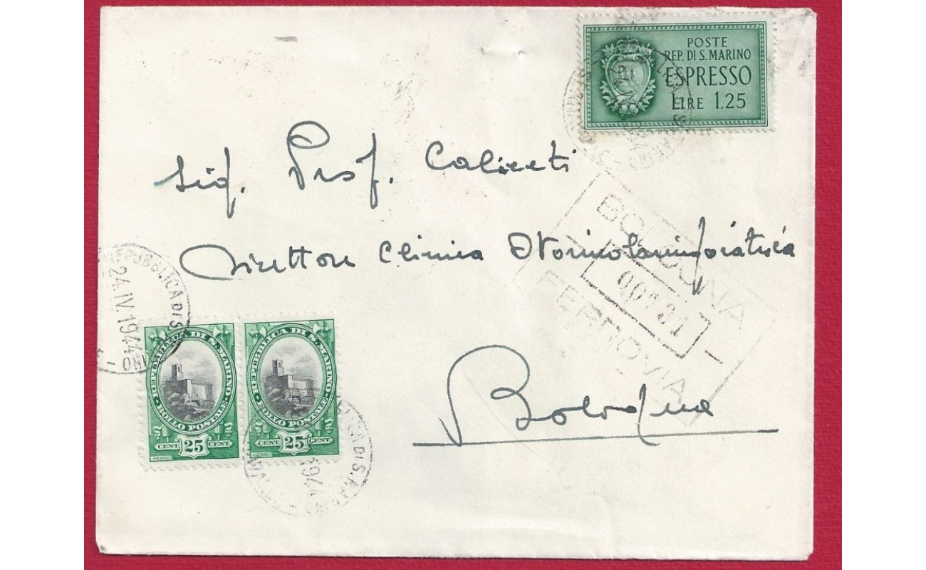 1944 San Marino - n° 145 coppia + Ex. n° 9 lettera per Bologna