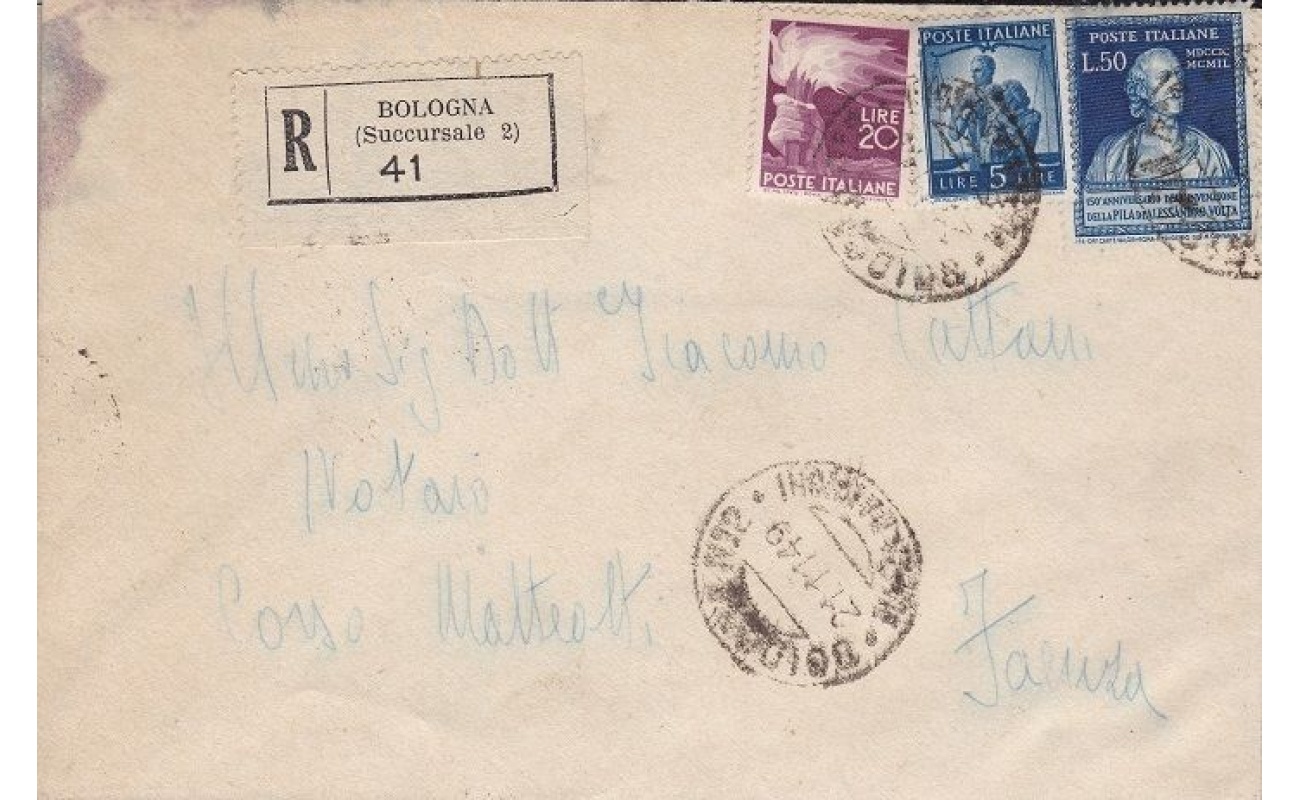 1949 REPUBBLICA, n° 612 Volta su Lettera Raccomandata VIAGGIATA
