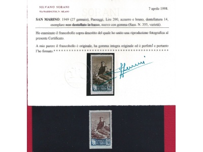 1949 SAN MARINO, n° 355 Paesaggi 200 lire MNH**  VARIETA'  Cert. Sorani