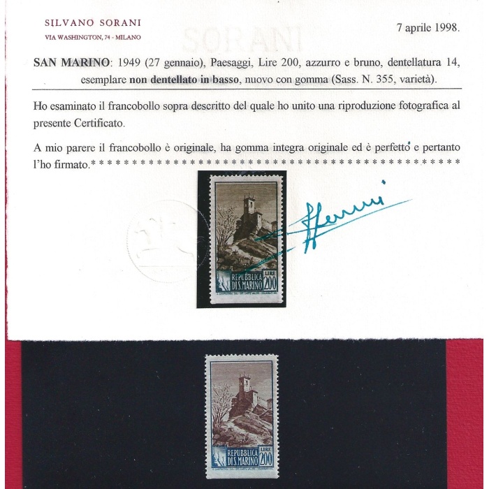 1949 SAN MARINO, n° 355 Paesaggi 200 lire MNH**  VARIETA'  Cert. Sorani