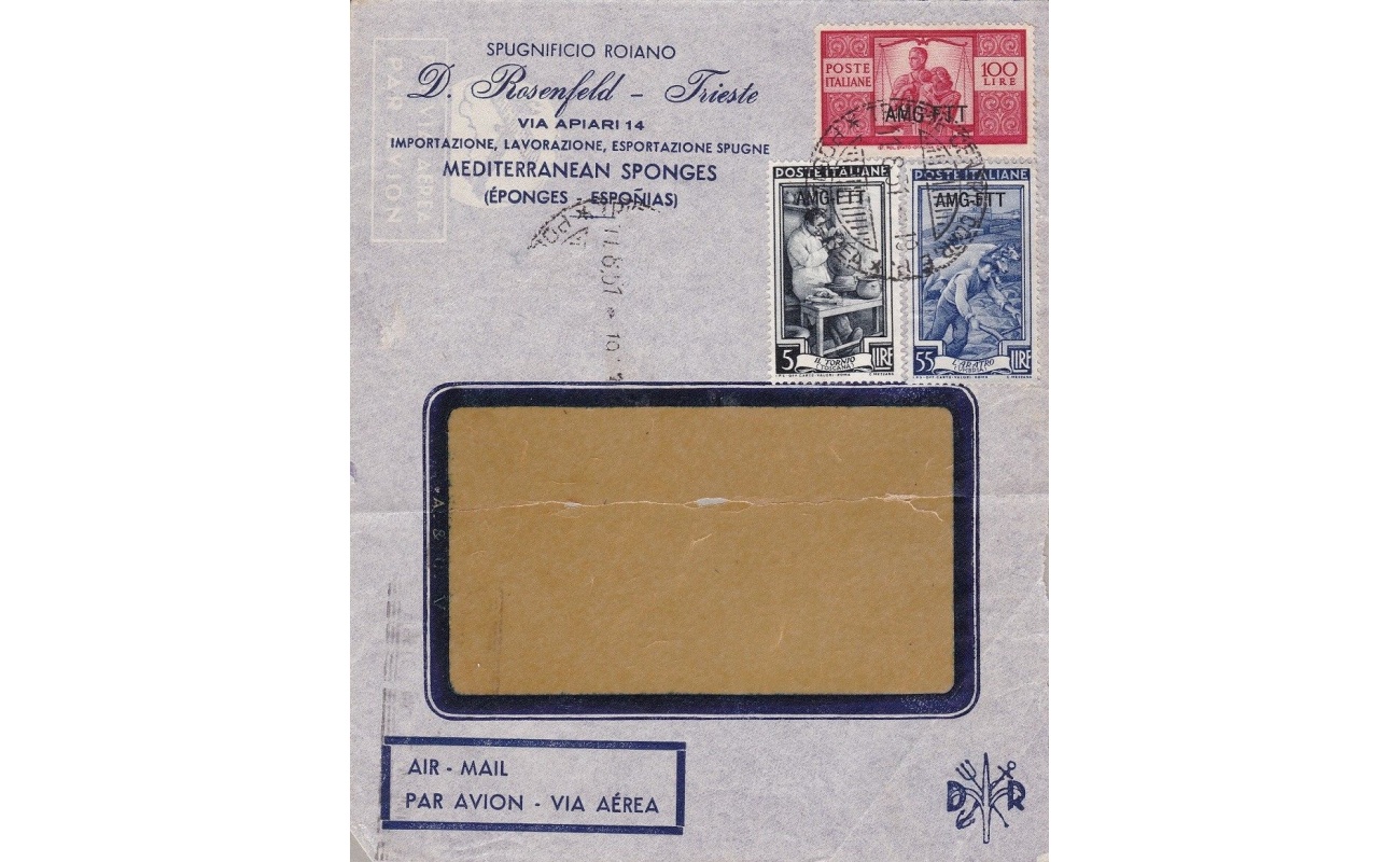1951 TRIESTE A - n° 67+92+103 su frontespizio di busta commerciale per il Perù