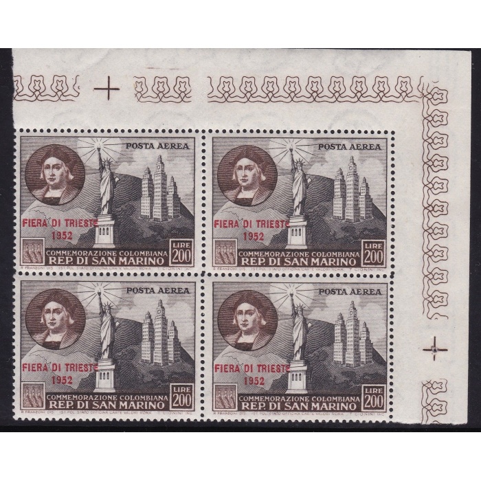 1952 SAN MARINO, PA n° 102  200 Lire azzurro scuro e nero  MNH/**