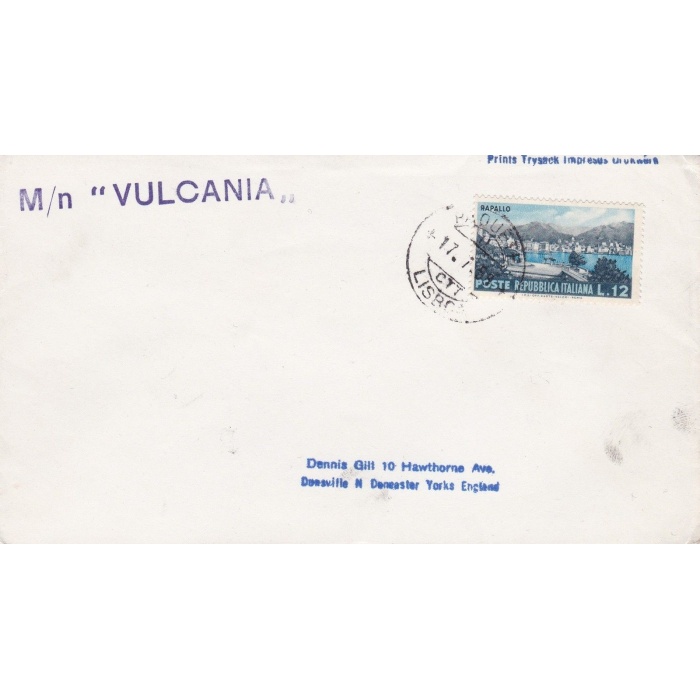 1954 REPUBBLICA - n° 728 Turismo 12 Lire annullo lineare Motonave 'VULCANIA'