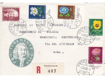 1958 SVIZZERA ,  Zum. PJ 173/177 serie completa su lettera