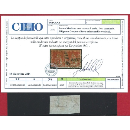 1851-52 TOSCANA, n° 4 1 cr. carminio  COPPIA USATA  Certificato Cilio