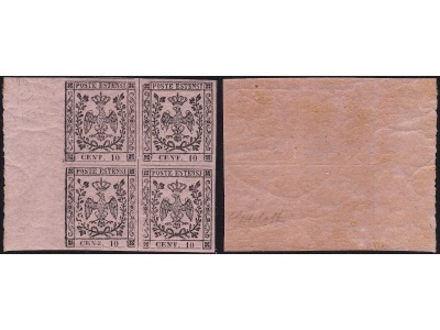 1852 MODENA, n° 2 10 cent. rosa  QUARTINA BORDO DI FOGLIO MNH/** Cert. Bolaffi