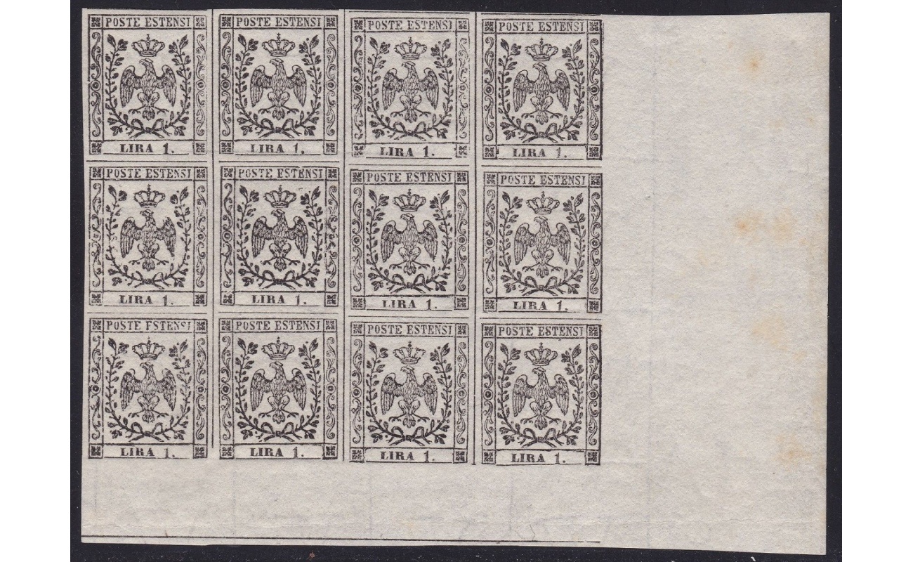 1853 MODENA, n° 11 1 Lira bianca Blocco  10 MNH/**  2 MLH/* Firma Bolaffi