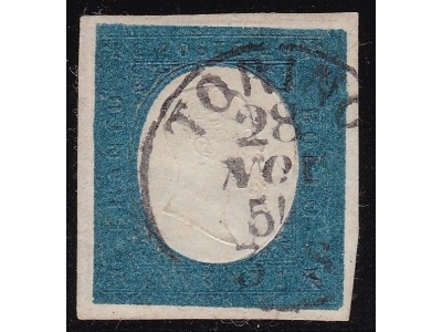 1854 SARDEGNA, n° 8  20 cent. azzurro  USATO Firmato Oliva