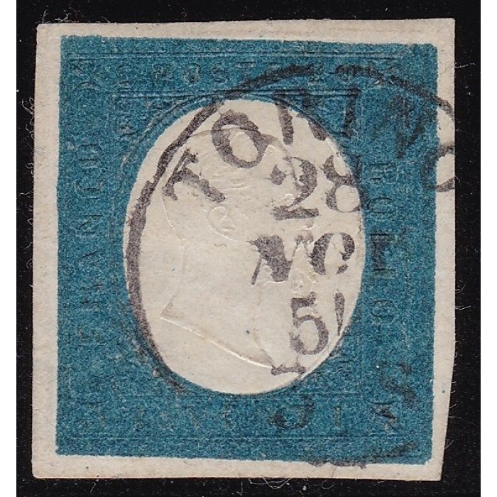1854 SARDEGNA, n° 8  20 cent. azzurro  USATO Firmato Oliva