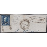 1859 SICILIA, n° 8a azzurro scurissimo (NA) frammento annullo Girgenti-Canicattì