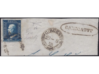 1859 SICILIA, n° 8a azzurro scurissimo (NA) frammento annullo Girgenti-Canicattì
