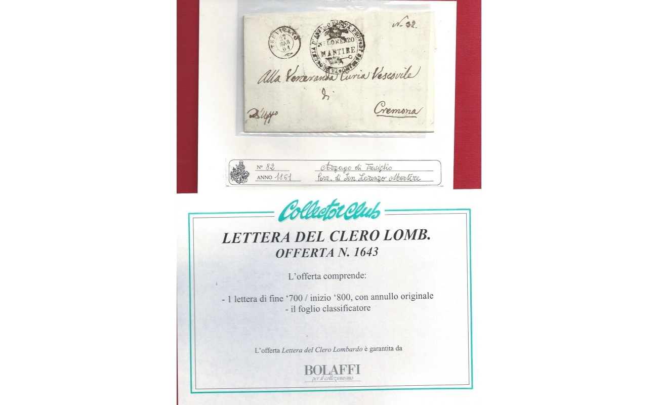 1861 Arzago di Treviglio - Lettera del clero lombardo FOLDER BOLAFFI
