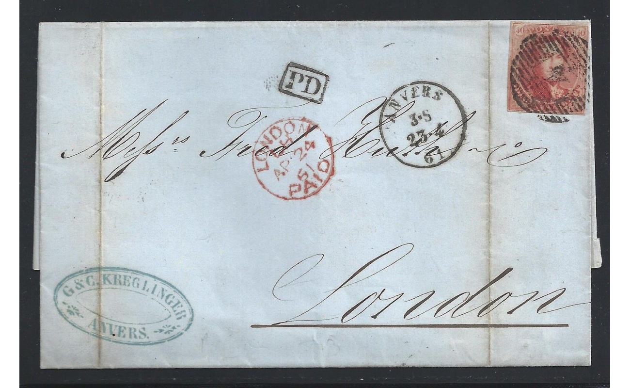 1861 Belgio - n. 12a 40 cent Re Leopoldo I LETTERA