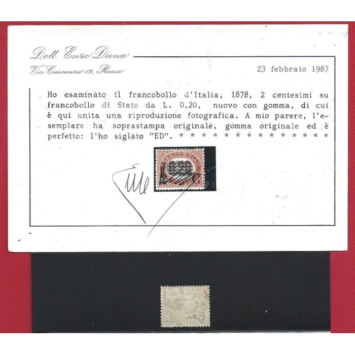 1878 Italia n. 31 Servizio sovrastampato  MLH* Certificato Enzo Diena