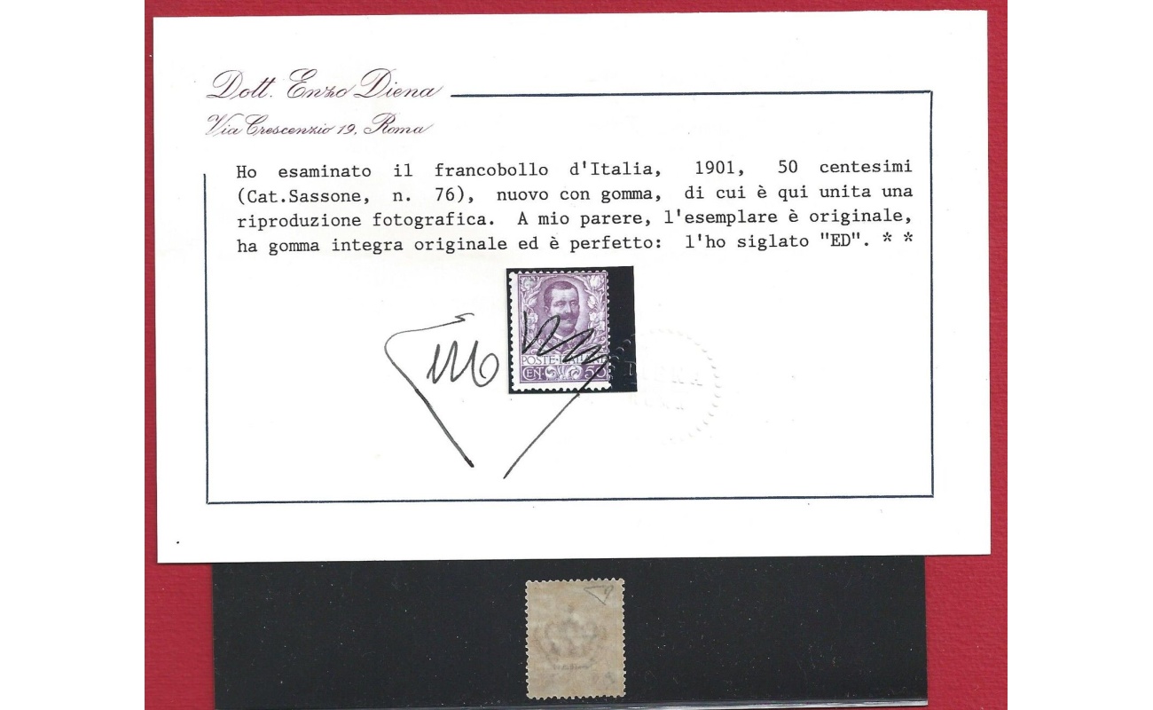 1901 Italia - Regno, n° 76 Floreale 50 cent. MNH** Certificato E.Diena