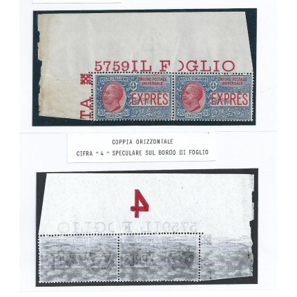 1908 Italia - Regno , Espresso n° 2  COPPIA CON NUMERO DI TAVOLA MNH/**