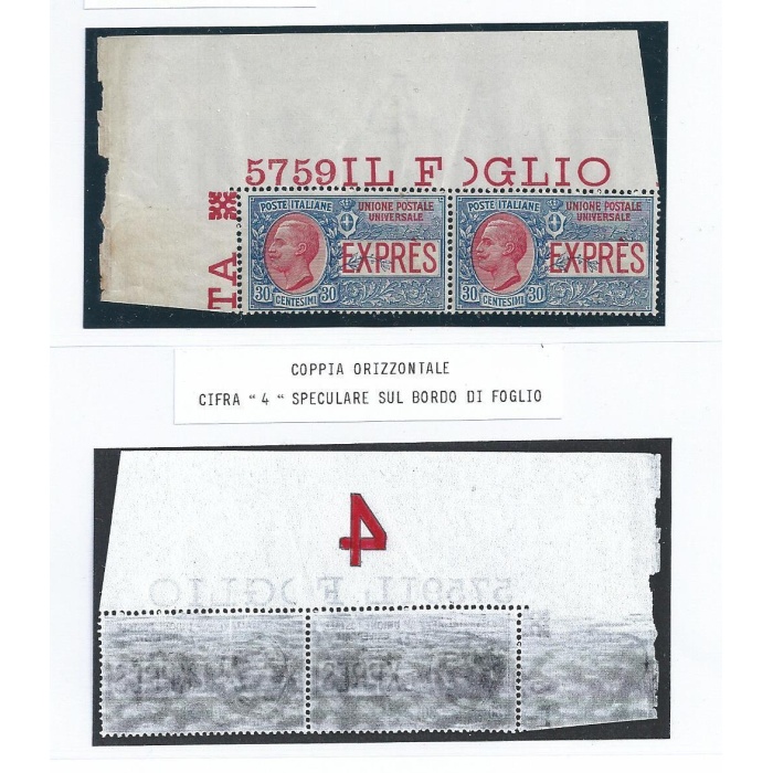 1908 Italia - Regno , Espresso n° 2  COPPIA CON NUMERO DI TAVOLA MNH/**