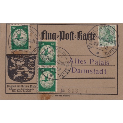1912 Deutsches Reich, A III 30p. dreimal auf Karte Darmstadt 23.6