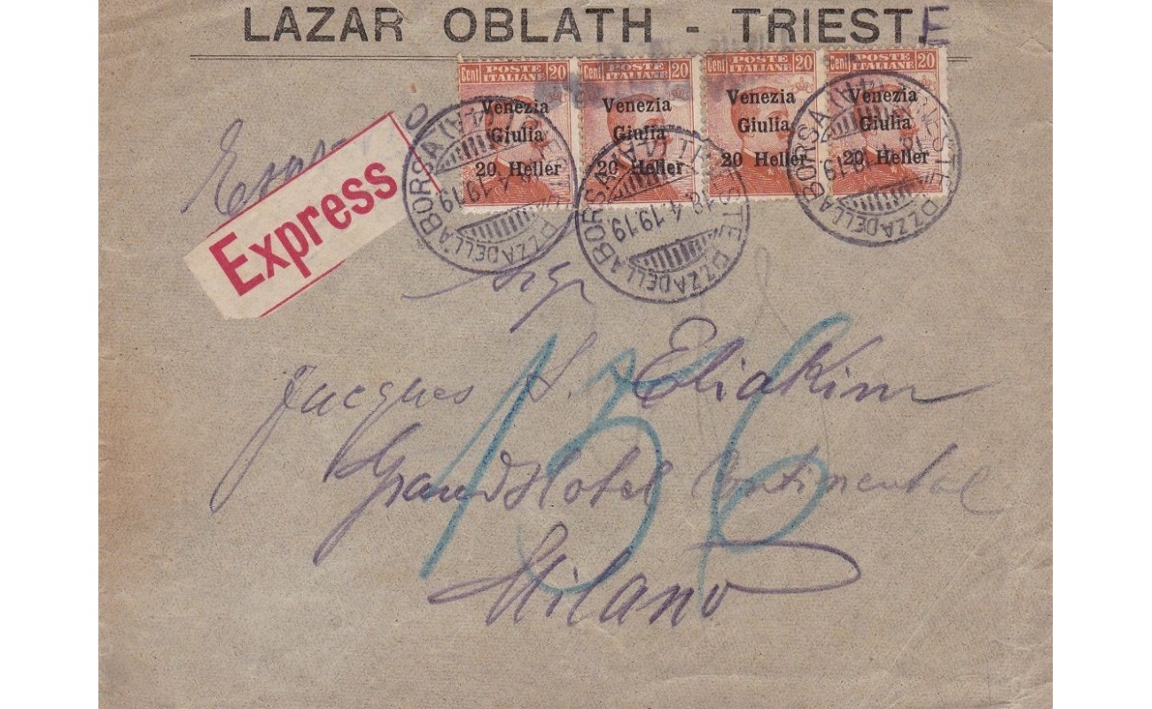 1919 Venezia Giulia, n° 31 20h. su 20c. arancio  lettera viaggiata