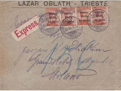 1919 Venezia Giulia, n° 31 20h. su 20c. arancio  lettera viaggiata