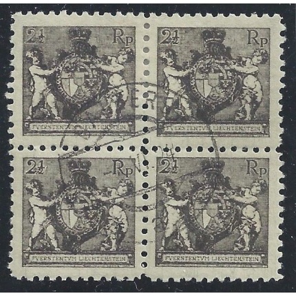 1921 Liechtenstein - Zumstein n° 46B , Stemmi 2 rappen ½  , QUARTINA USATA