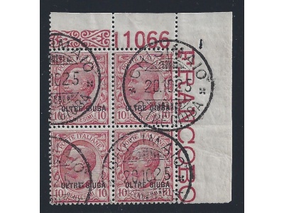 1925 OLTREGIUBA, n° 4 10 cent. rosa  QUARTINA USATA N° TAVOLA
