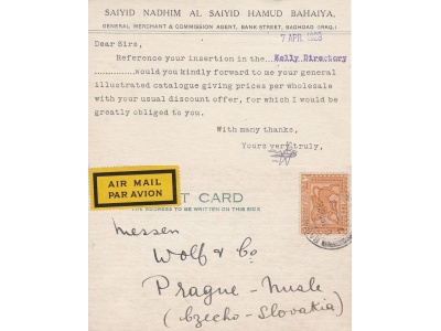 1928 IRAQ Mandate League of Nations - Card to Prague franked with n° 44
