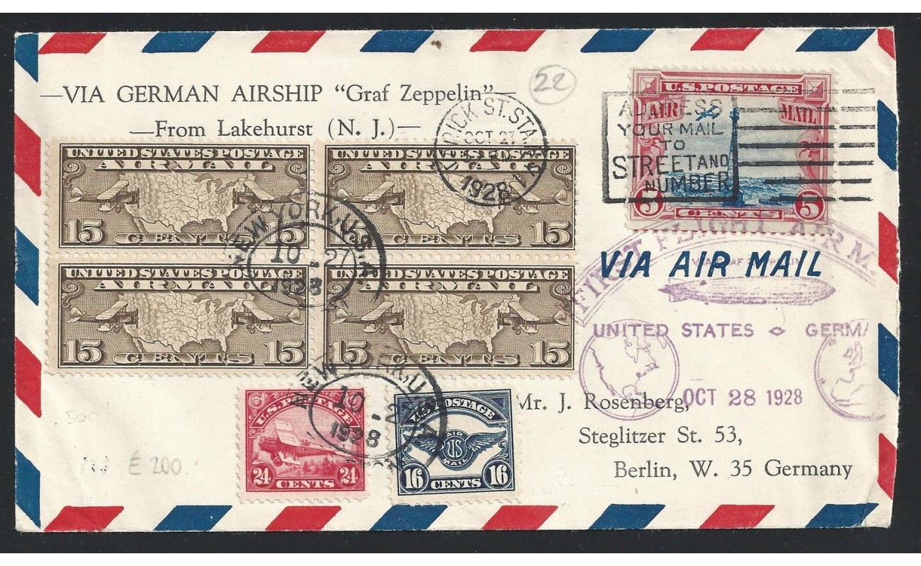 1928 Stati Uniti, Zeppelin Lakehurst- Berlin Sieger n° 22 - volo di ritorno annullo in magenta !!!