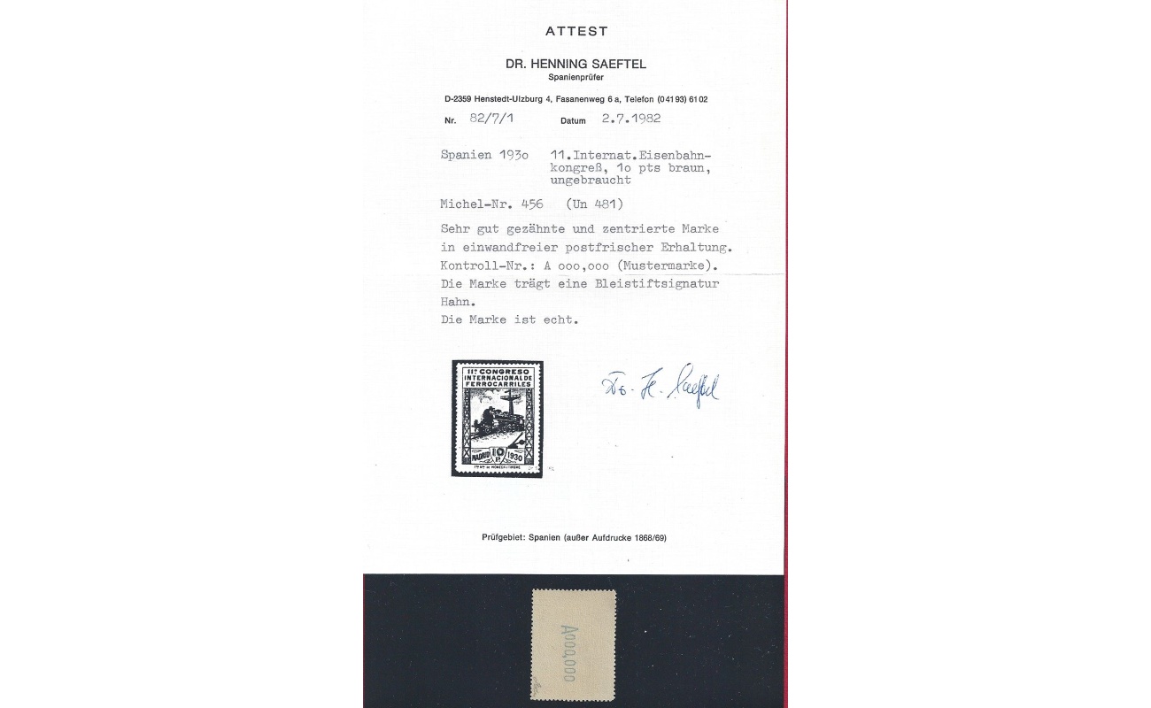 1930 SPAGNA - Catalogo EDIFIL n. 481N Treni 10 pesetas bistro MUESTRAS - MNH**  Lusso - Certificato Saeftel