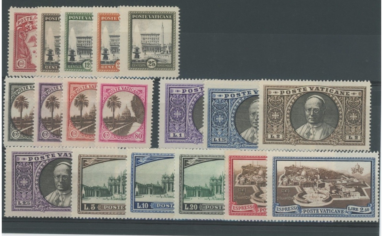 1933 Vaticano , Serie Completa , Giardini e Medaglioni , 18 valori , n. 19/34 + Exp 3/4 ,MNH**