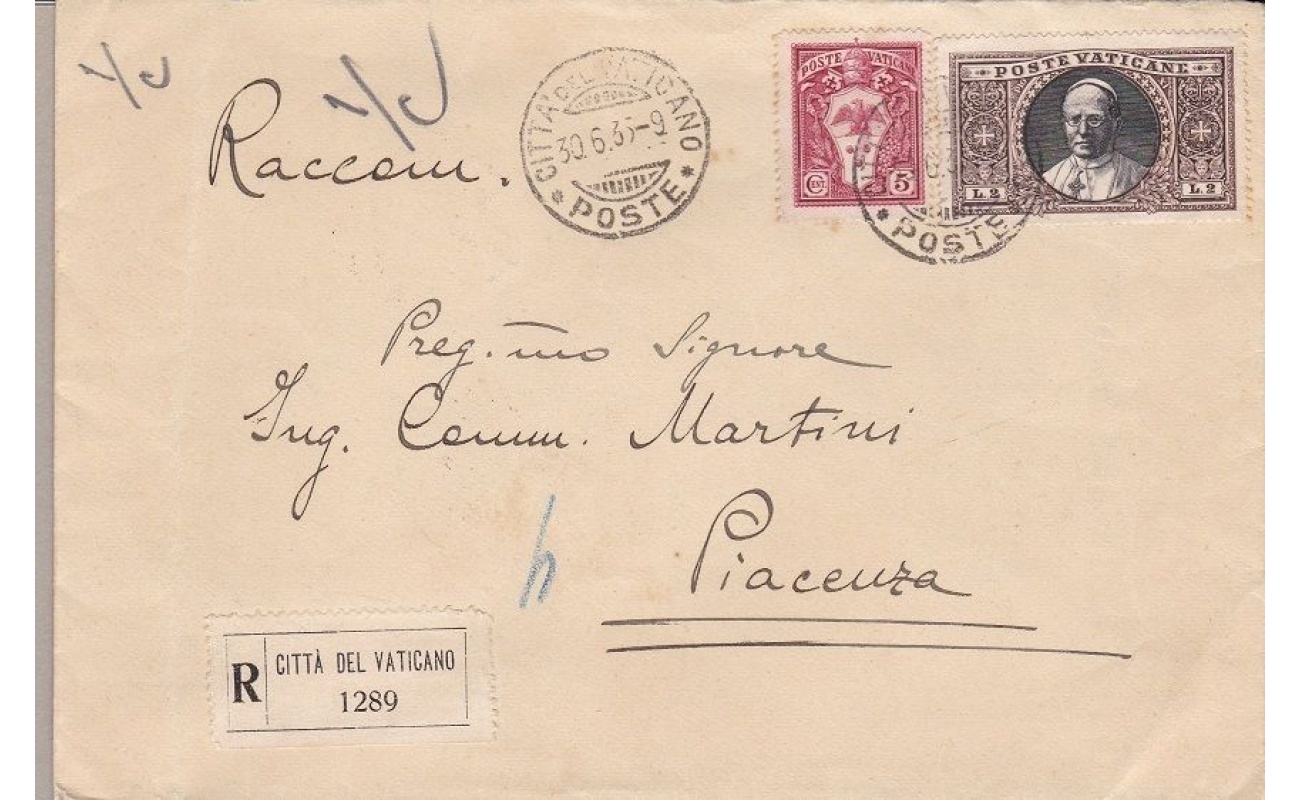 1933 Vaticano , n. 19 + 32 su lettera Raccomandata per Piacenza