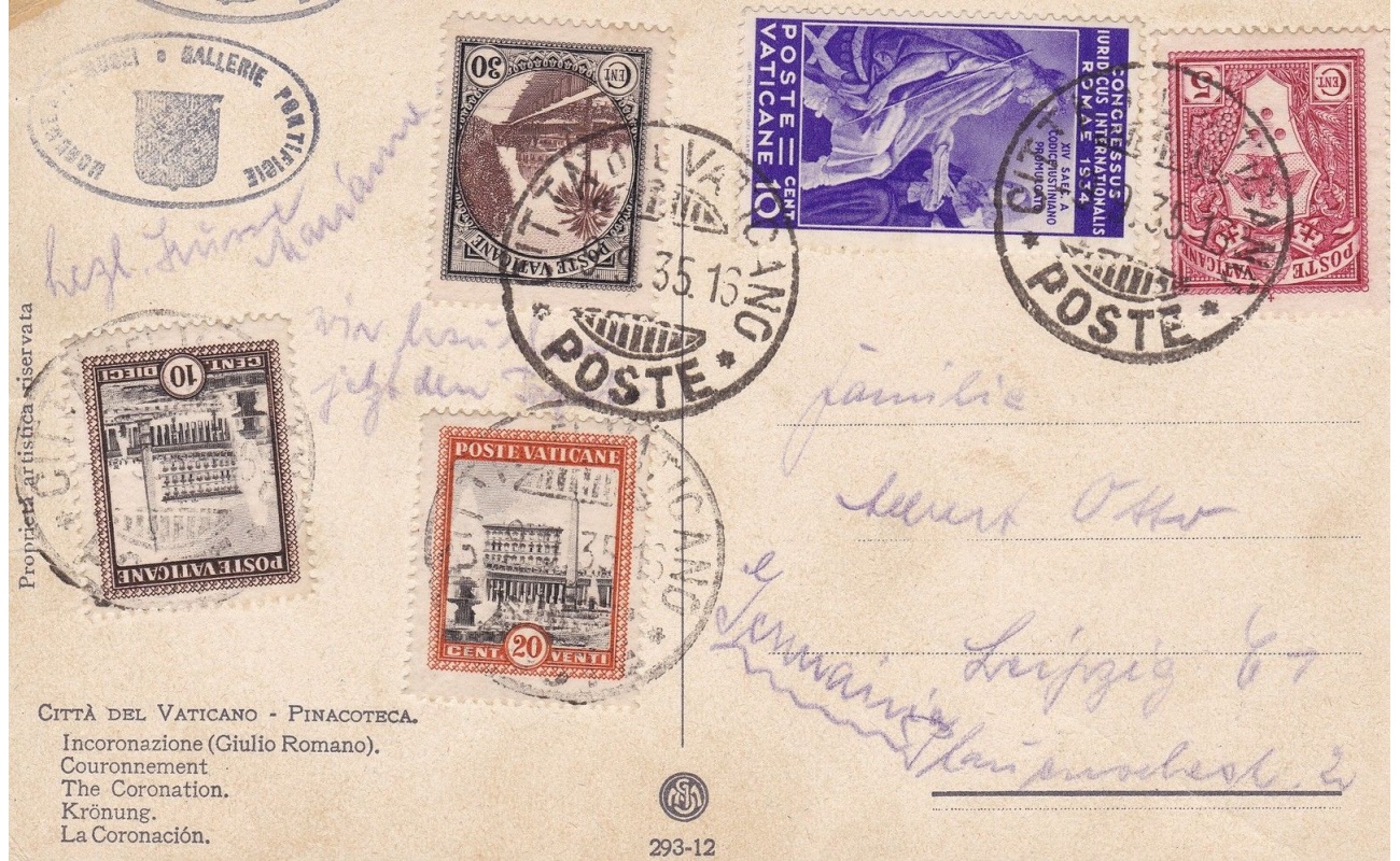 1935 Vaticano , n. 42 + altri valori su cartolina per Leipzig