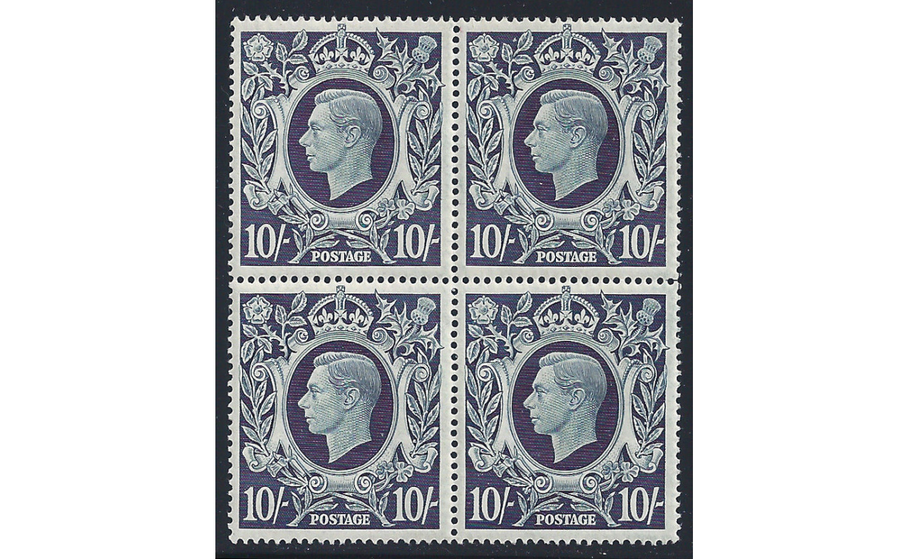 1939 GRAN BRETAGNA/GREAT BRITAIN, n° 226  10 sh. azzurro nero  MNH/** QUARTINA