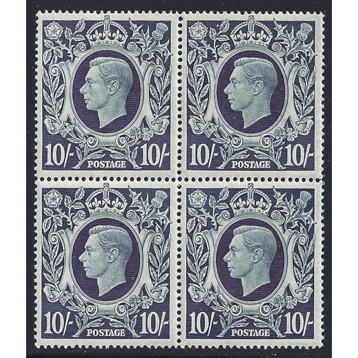 1939 GRAN BRETAGNA/GREAT BRITAIN, n° 226  10 sh. azzurro nero  MNH/** QUARTINA