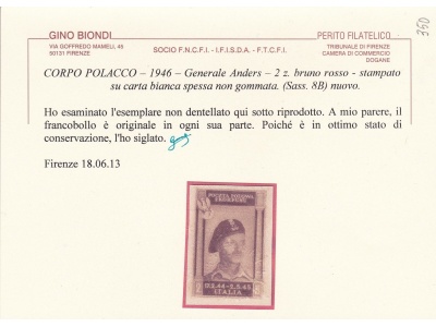 1946 CORPO POLACCO, n° 8B 2z. bruno rosso CARTA SPESSA (*) SENZA GOMMA