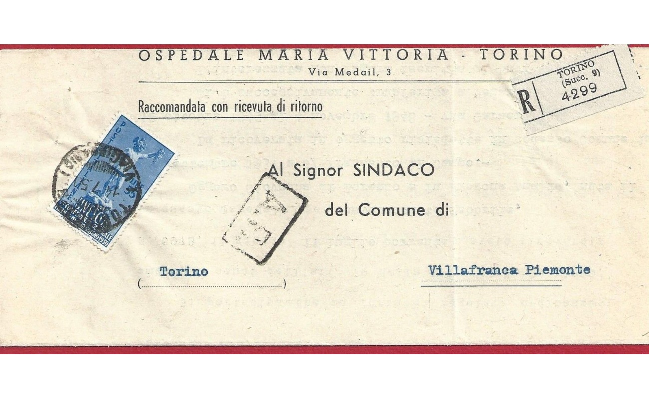1950  n° 619  su Manoscritto Raccomandato da Torino a Villafranca