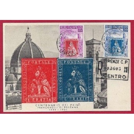 1951 100° francobolli di Toscana n° 653-654 su cartolina annullo Firenze