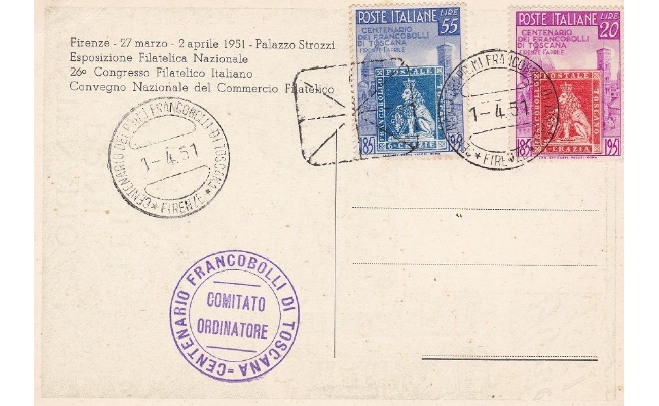 1951 100° francobolli di Toscana n° 653-654 su cartolina della Manifestazione