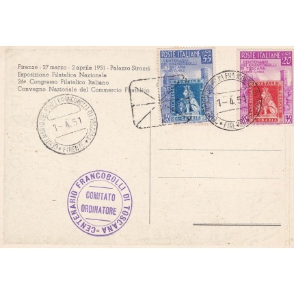 1951 100° francobolli di Toscana n° 653-654 su cartolina della Manifestazione