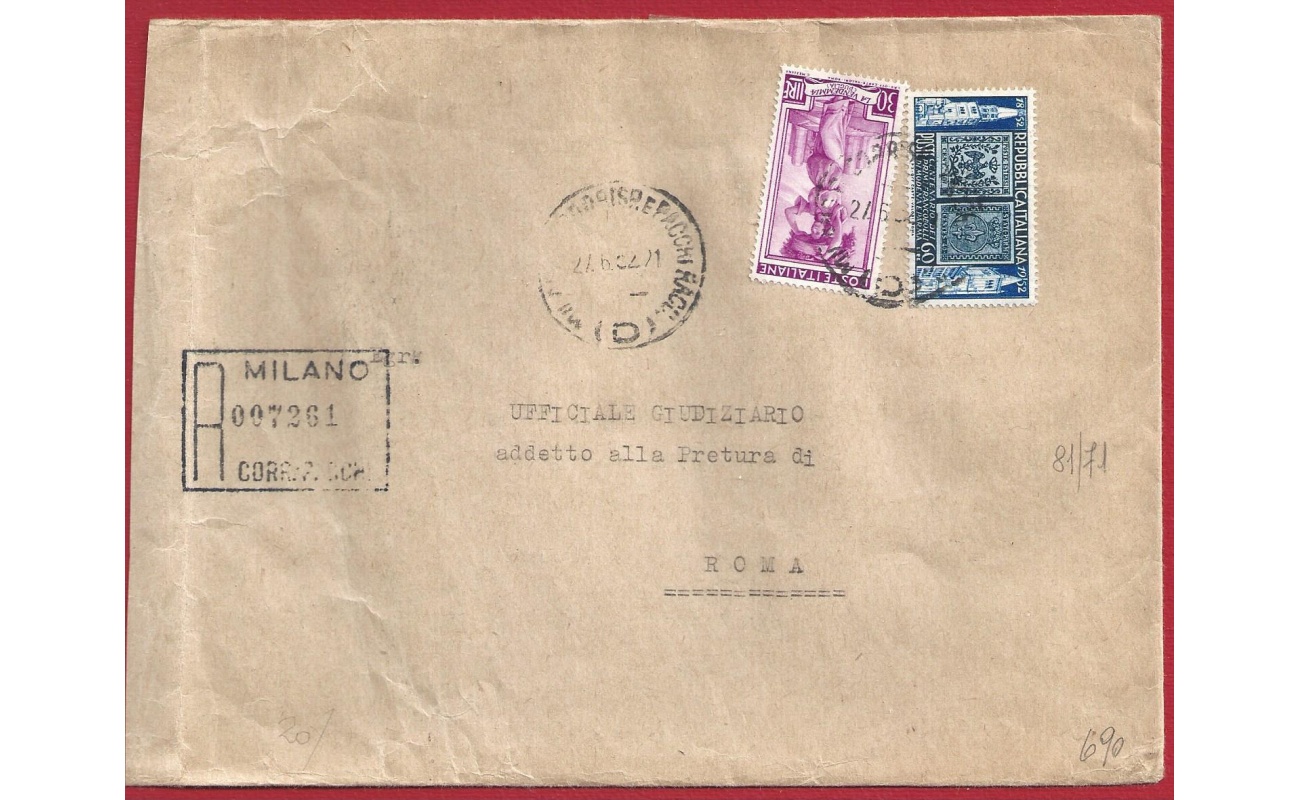 1952 n° 644 + n° 690 su lettera Raccomandata per Roma