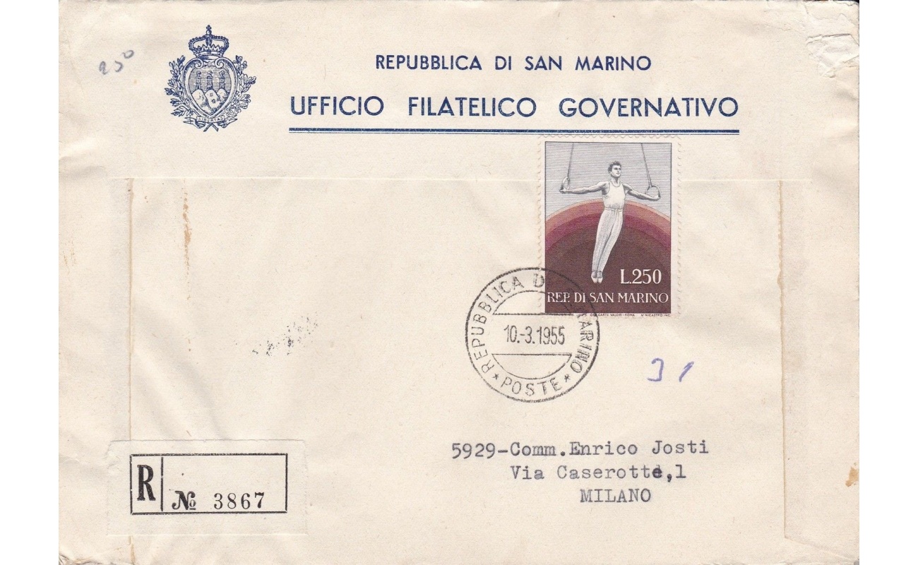 1955 SAN MARINO - n° 419  Ginnasta 200 Lire  su BUSTA PRIMO GIORNO