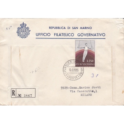 1955 SAN MARINO - n° 419  Ginnasta 200 Lire  su BUSTA PRIMO GIORNO