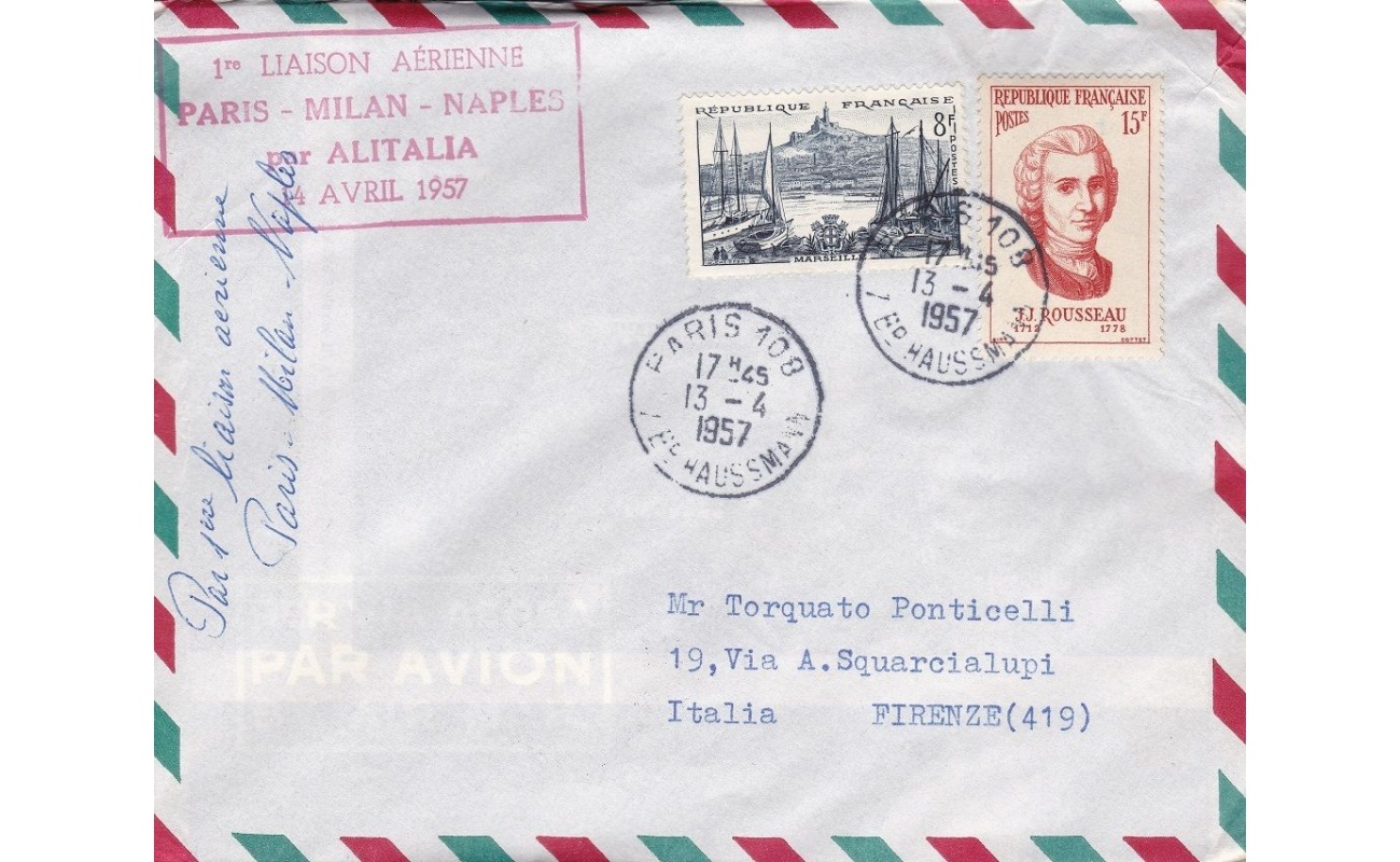 1957 FRANCIA - ALITALIA - Primo Volo PARIS-MILANO-NAPOLI