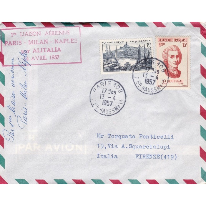 1957 FRANCIA - ALITALIA - Primo Volo PARIS-MILANO-NAPOLI
