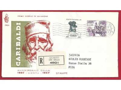 1957 REPUBBLICA - VENETIA Anniversario della morte di Garibaldi n° 134/it RACCOMANDATA  NON  VIAGGIATA
