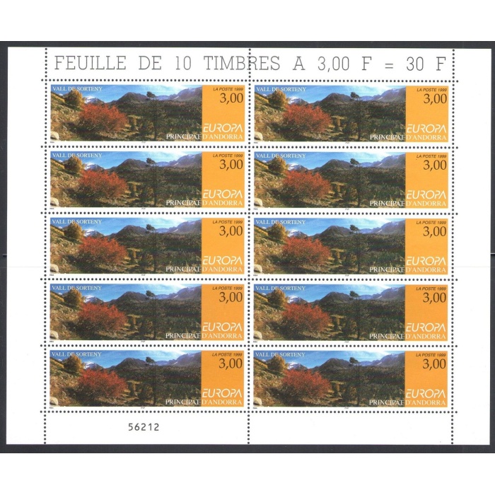 1999 EUROPA CEPT Principato D'Andorra Francese 1 Minifoglio da 10 valori MNH**